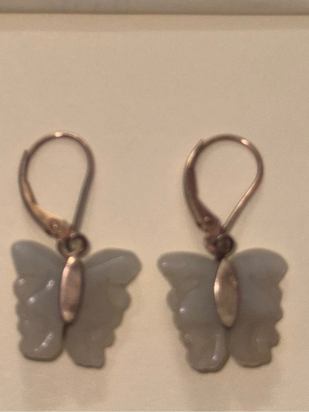 Vintage 10K Gold Green Jade/Diamond Butterfly Drop Dangle lever earrings - Picture 2 of 8